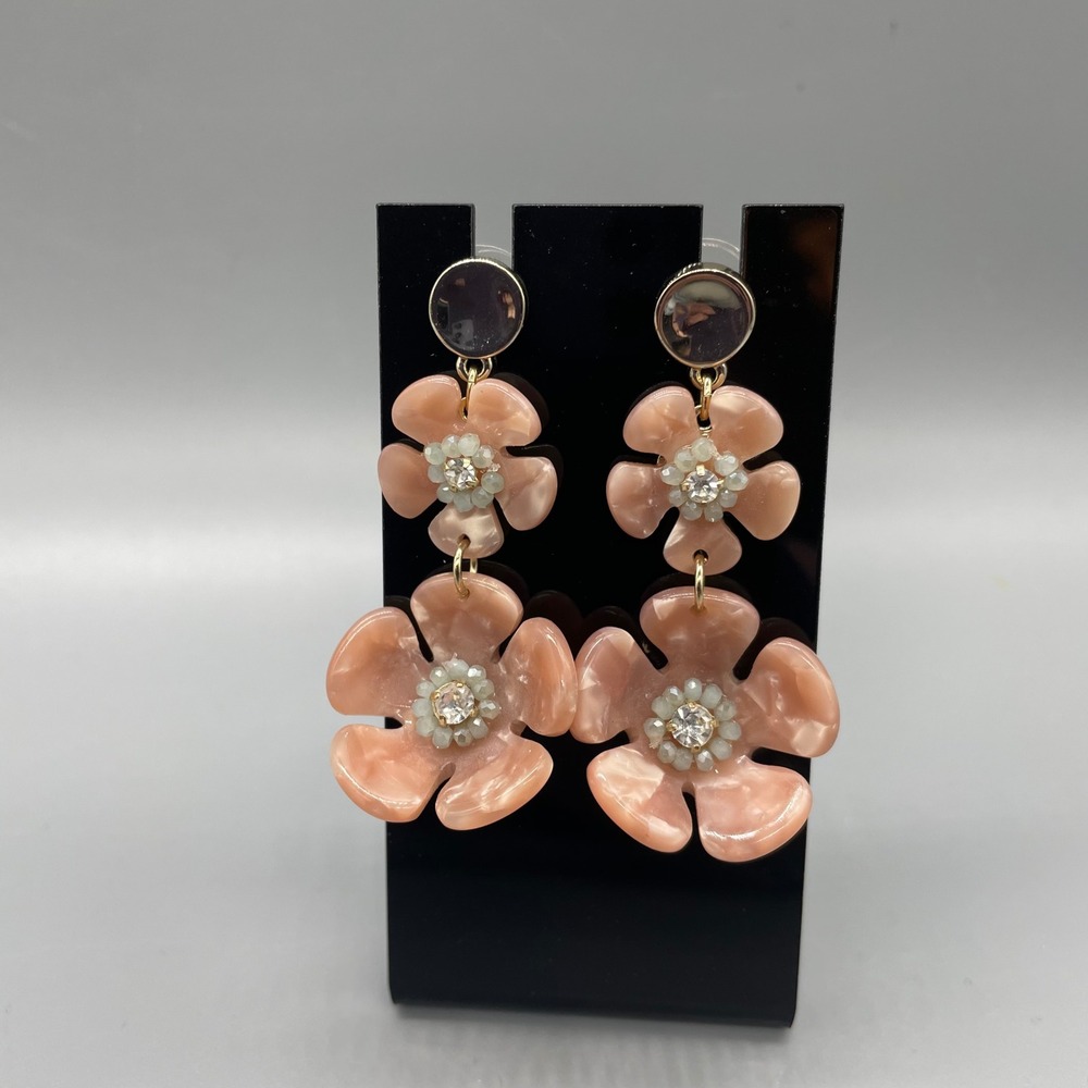 Pink Floral Drop Earrings Double Flower Resin Crystal Statement Dangle Gold Tone